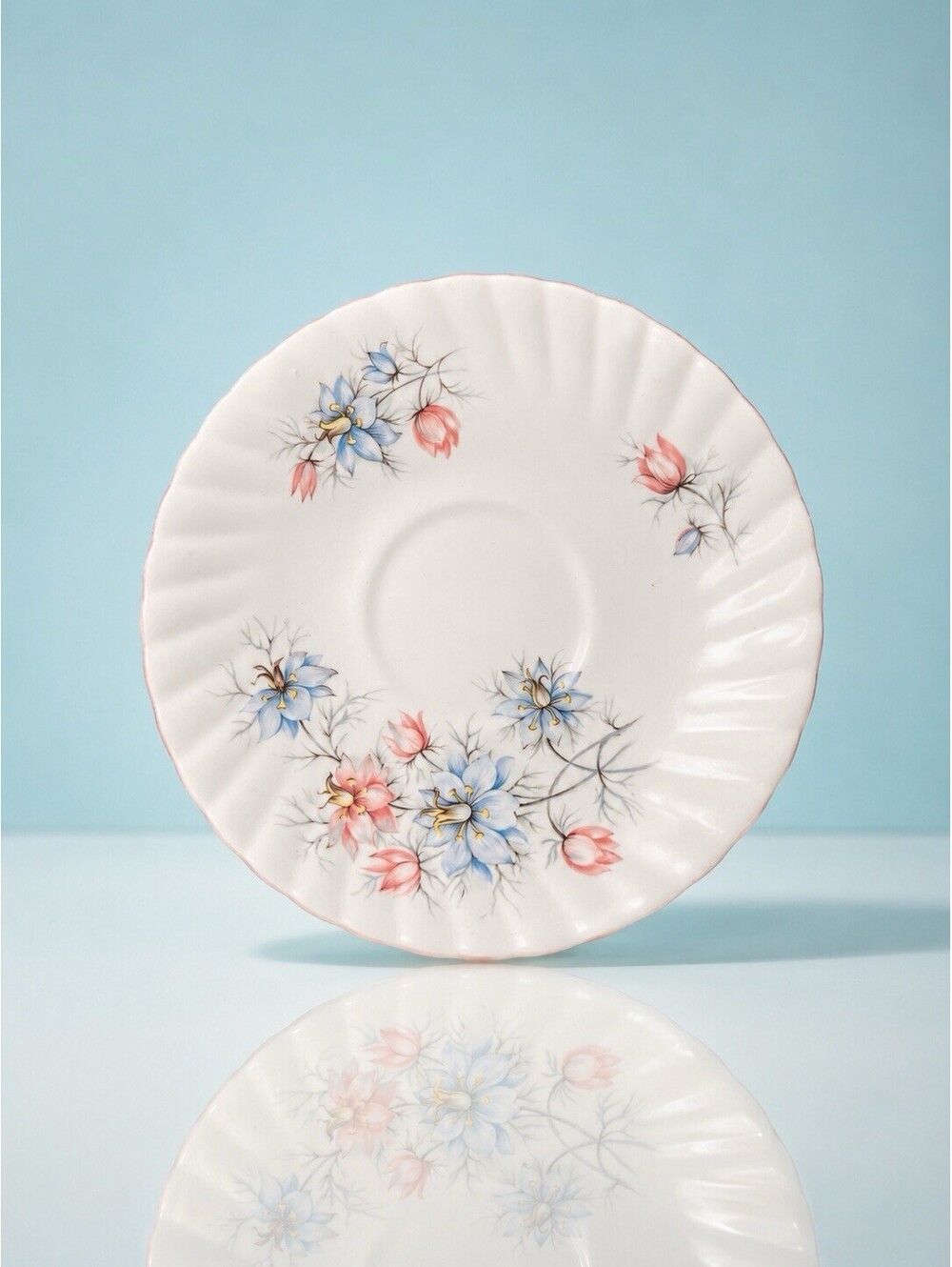 Rosina England 1950s Saucer Wild Flowers Bone China Blue Pink Replacement, 6”